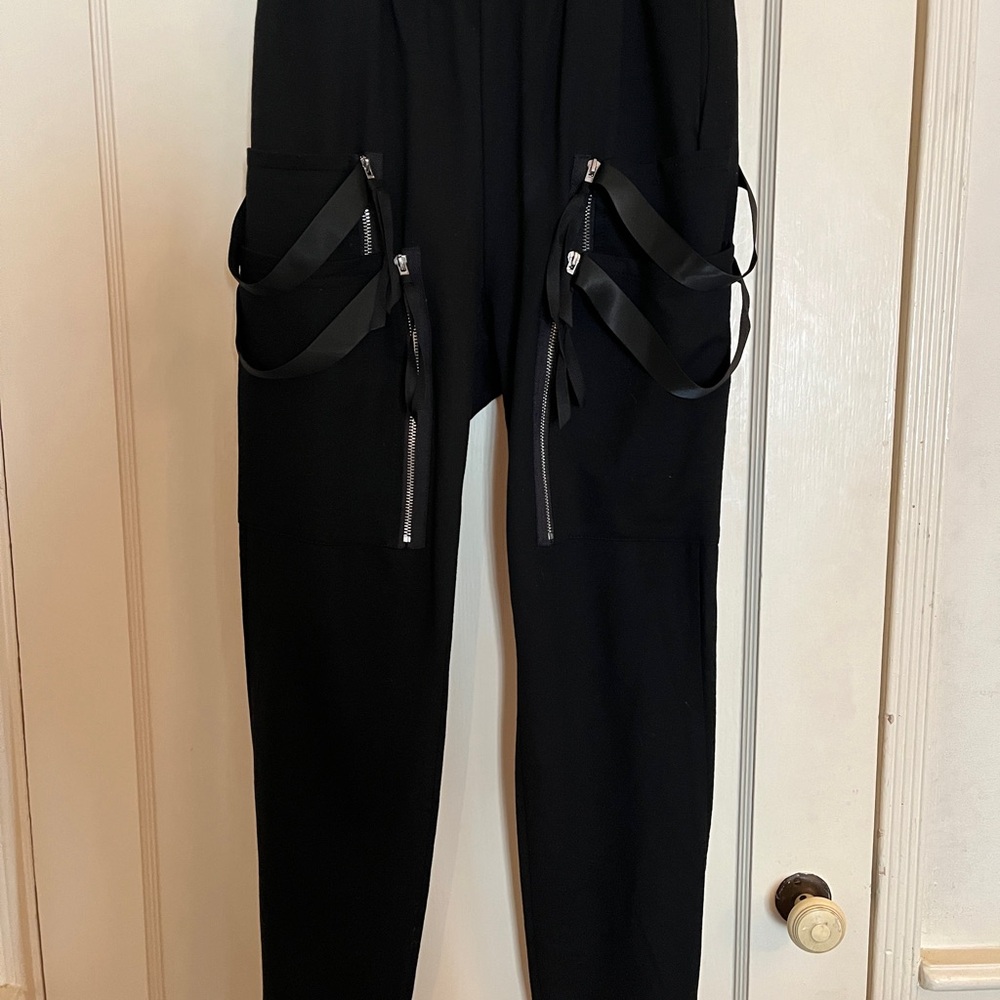 HUSH Black Jogger Style Pants with Zipper and Ribbon Details (and 8 pockets!)